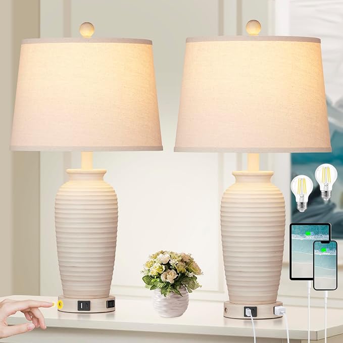 CINSARY 24.3" Farmhouse Jar Table Lamps Set of 2, 3 Way Touch Control Rustic Bedside Lamps with USB A+C Ports & AC Outlet, Pot Nightstand Lamps for Bedroom Living Room (LED Bulbs Included)