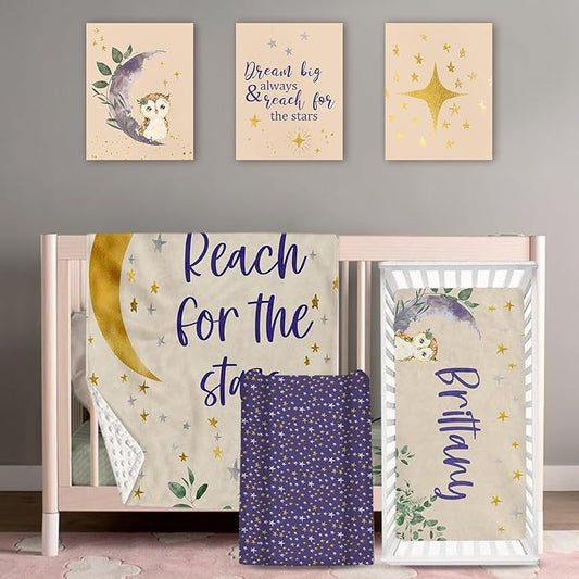 Personalized Baby Crib Bedding Set: 4 Piece Custom Gift Crib Bed Set with Name - Purple Owl Design, Nursery Bedding Set for Baby Girls,Newborn Girls Crib Sets, Crib Bedding Shower Gifts