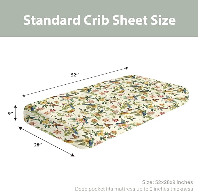Vintage Hummingbirds Flowers Baby Crib Sheets for Boy Girl 28"x52" Spring Birds Colorful Floral Leaves Soft Snug Fitted Crib Mattress Cover Garden Baby Sheet for Standard Crib & Toddler Bed Mattress