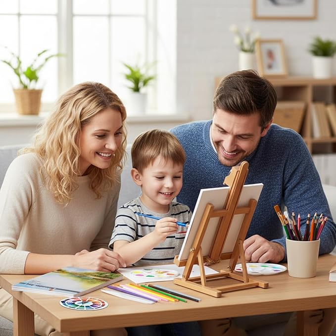 Falling in Art Tabletop Easel Set, Portable Wooden Art Easel Painting Kits for Kids, Easel for Painting Canvases, Including 12 Colors Acrylic Paints, 10 Paintbrushes and 4 Canvas Panels, Yellow