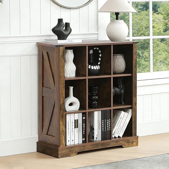 Puntogen 9 Cube Storage Organizer, Wood Cube Bookshelf with LED Lights, Horizontal Storage Cubes, Kids Bookshelf, Display Cabinet Cubby Shelf for Living Room Home Office Bedroom，Brown