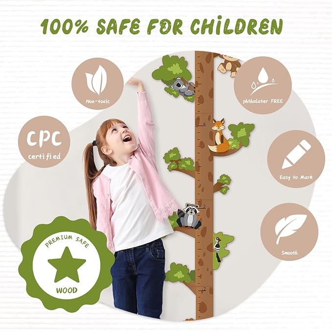 Woodemon Personalized Name Growth Chart for Kids – Wooden Tree Wall Height Chart, Children's Height Measurement Ruler 62.5" x 14.9"