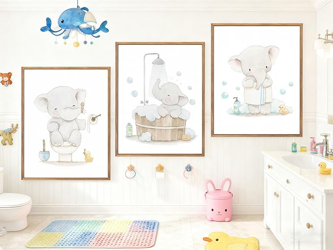 Framed. Set of three prints for bathrooms. An elephant in my bathroom wall art. Canvas Print. Funny kids Bathroom home decor. 12x16 inch.