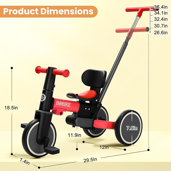 BoBike 5-in-1 Tricycle for Toddlers 18 Months to 5 Years, Kids Bike with Upgraded Pedals, Parent Push Handle, Balance Bike & Easy Assembly for Boys Girls (Red)