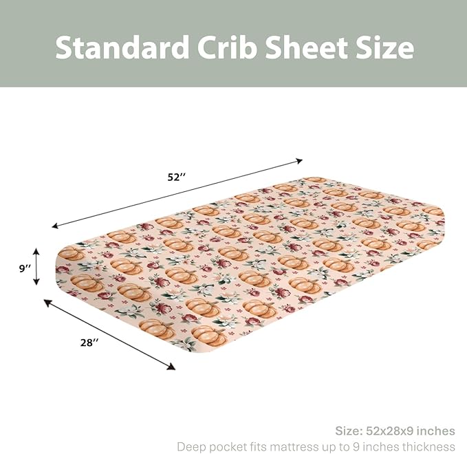 Vintage Floral Pumpkin Fall Baby Crib Sheets for Boy Girl 52x28 Pastel Pumpkins Flower Soft Snug Fitted Crib Mattress Cover Autumn Thanksgiving Harvest Baby Sheet for Standard Crib & Toddler Mattress