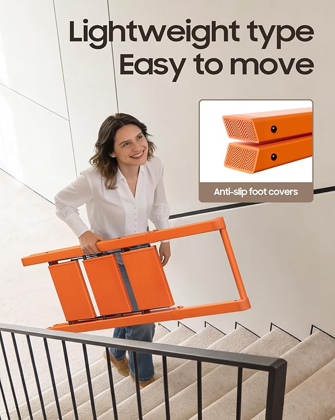 HillhutApex 3 Step Foldable Aluminum Step Ladder with Handgrip, Anti-Slip Pedal, 330 lbs Capacity, Lightweight & Portable for Home, Kitchen, Office, Garage (Orange)
