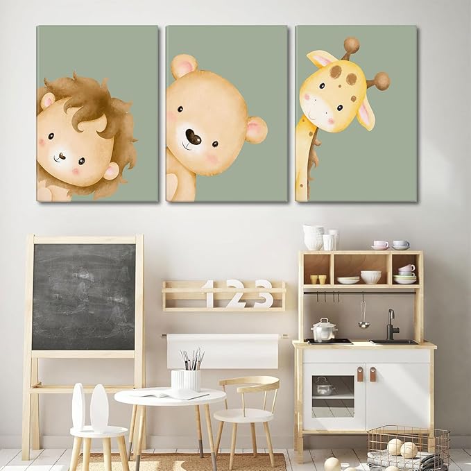 Ekiyuse Nursery Animal Wall Art Safari Animal Neutral Jungle Paintings Pictures Wall Decor Framed Boho Giraffe Lion And Teddy Bear Poster Printing Artwork for Kids Room Boys And Girls Home Decoration