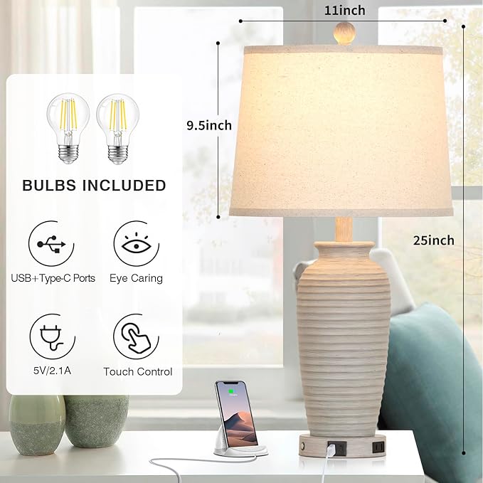 CINSARY 25" Farmhouse Jar Table Lamps Set of 2, 3 Way Touch Control Rustic Bedside Lamps with USB A+C Ports & AC Outlet, Pot Nightstand Lamps for Bedroom Living Room (LED Bulbs Included)