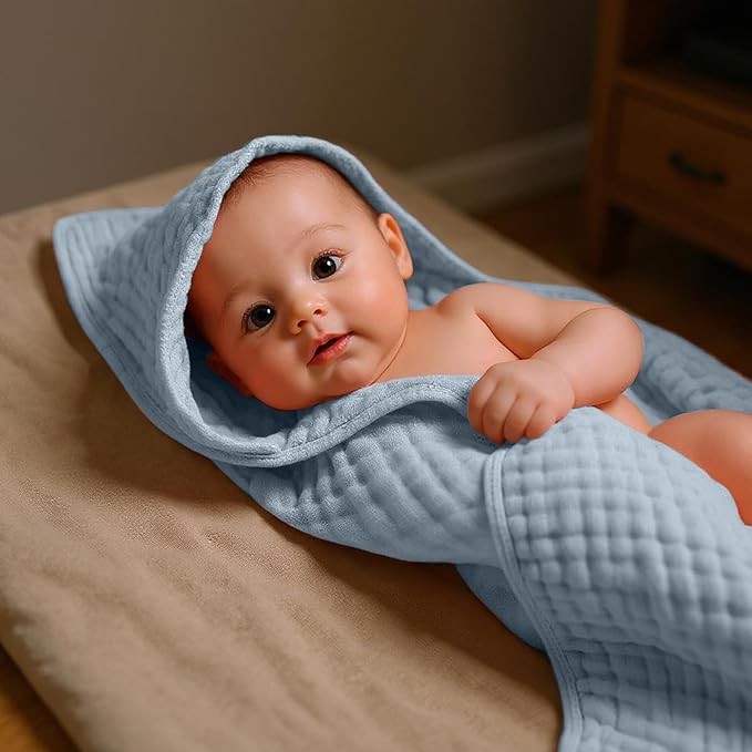 VitalCozy 8 Pcs Baby Muslin Hooded Bath Towels and Washcloths Muslin Cotton Hooded Baby Towels Absorbent Blankets for Gift Newborn Infant Shower (32 x 32 Inch,Modern Style)