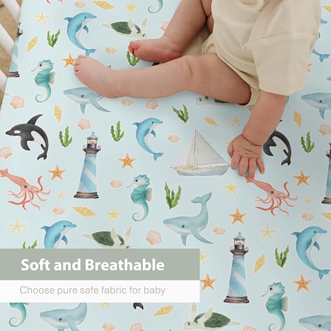 Colorful Ocean Animals Baby Crib Sheets for Boy Girl 28"x52" Sea Horse Whale Dolphin Turtle Lighthouse Soft Snug Fitted Crib Mattress Cover Nautical Baby Sheet for Standard Crib & Toddler Mattress