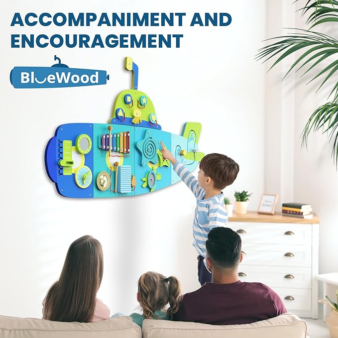 BlueWood Wooden Wall Busy Board Panels, Toddler Learning Activity Center, Montessori Philosophy Sensory, Educational Toys, Conducive to All-Round Development - Submarine
