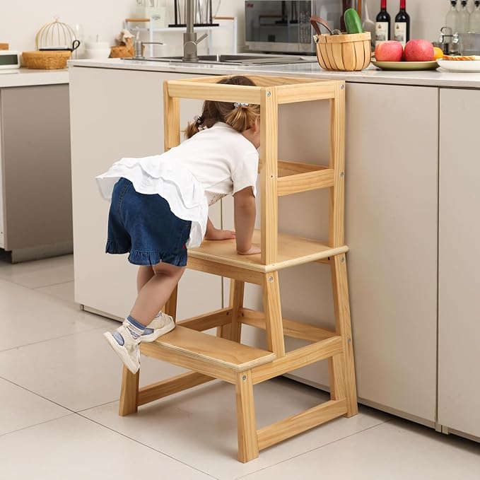Kids Kitchen Step Stool for Kids with Safety Rail,Solid Wood Construction Toddler Learning Stool, Montessori Toddlers Kitchen Stool Tower(Natural)