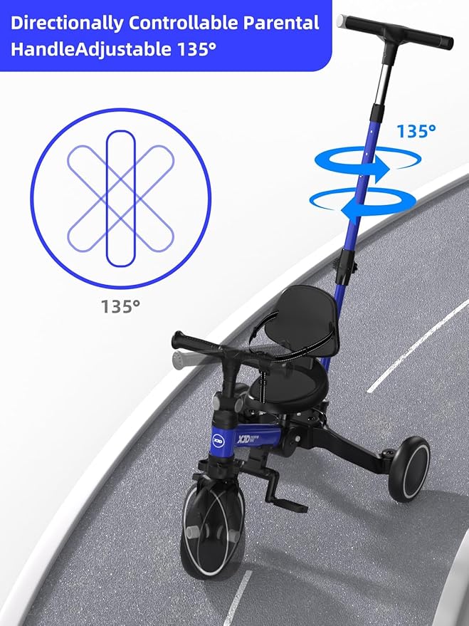 XJD Toddler Bike, 6 in 1 Folding Toddler Tricycle for 1-4 Year Old with Parental Control Handle, Balance Bike with Removable Pedal, Backrest, Adjustable Seat, First Birthday Gifts (Blue)