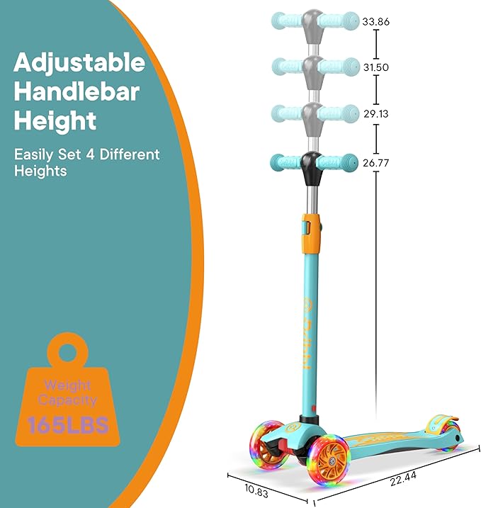 Dribbl 3-Wheel Kids Scooter - Lean-to-Steer Technology, Adjustable Height Handlebar, Wide Deck, Scooter for Boys & Girls Ages 3+, Child Safety Approved, Support Riders Up To 165 lbs, Light Blue/Orange