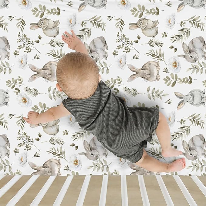 Watercolor Bunny Leaves Baby Crib Sheets for Boy Girl 52"x28" Spring Rabbits Flowers Soft Snug Fitted Crib Mattress Cover Animal Nursery Baby Sheet for Standard Crib & Toddler Bed Mattress
