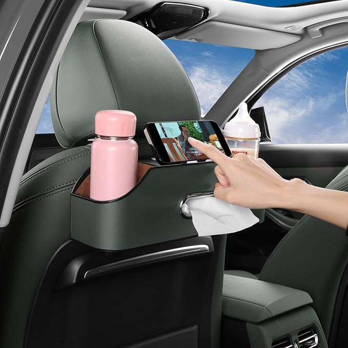 HALOYIVGO Car Seat Back Organizer - Stylish & Functional Storage for Family Adventures - Cup Holders, Tissue Box & Hooks - Perfect for Kids, Road Trips & Travel (Emeralds)