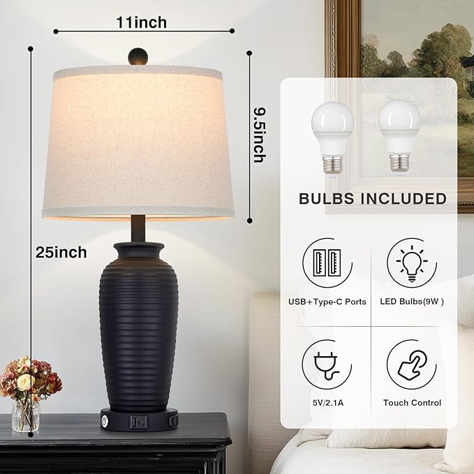 CINSARY 25" Retro Black Farmhouse Jar Table Lamps Set of 2, 3 Way Touch Control Rustic Bedside Lamps with USB A+C Ports & AC Outlet, Pot Nightstand Lamps for Bedroom Living Room (LED Bulbs Included)