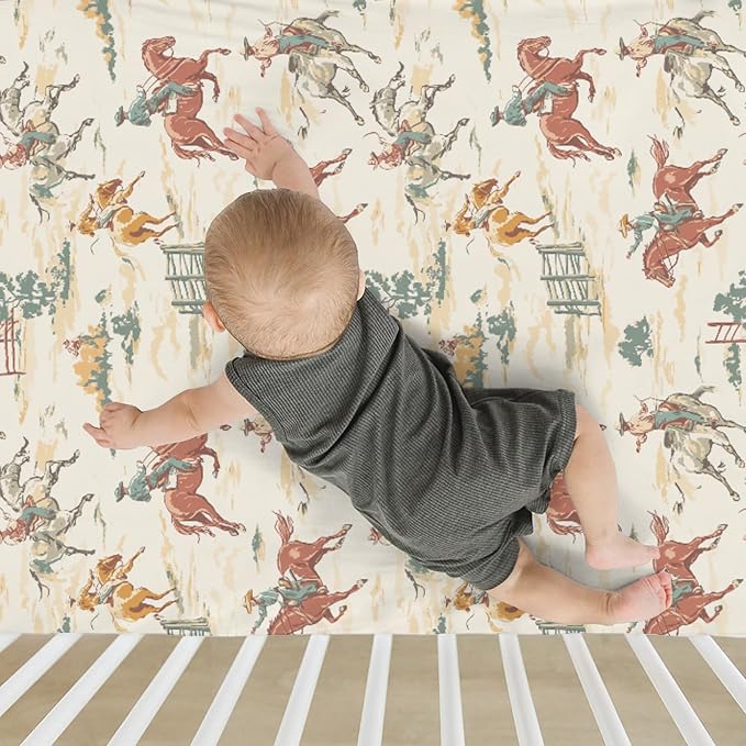 Vintage Western Cowboy Baby Crib Sheets for Boy Girl 28"x52" Retro Cowboy Horse Cactus Soft Stretchy Fitted Crib Mattress Cover Wild Desert Baby Sheet for Standard Crib & Toddler Mattress Pads