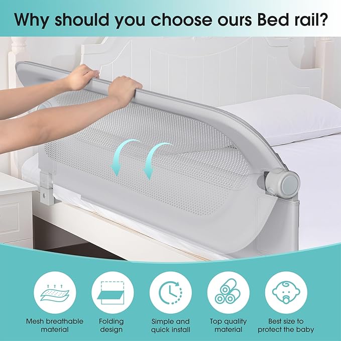 Baby Bed Rail Guard for Toddlers - 70" Toddler Bed Rails for Twin, Full, Queen, King Bunk Size Bed Swing Down Bedrail Extral Tall Child Safety Side Railing Guards for Kids Gray