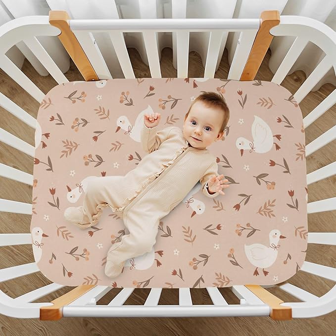 Cute Goose Flowers Crib Sheet for Boys Girls, Super Soft Breathable Fitted Crib Sheet for Standard Crib & Toddler Mattress, Nursery Sheet, 28x52 in
