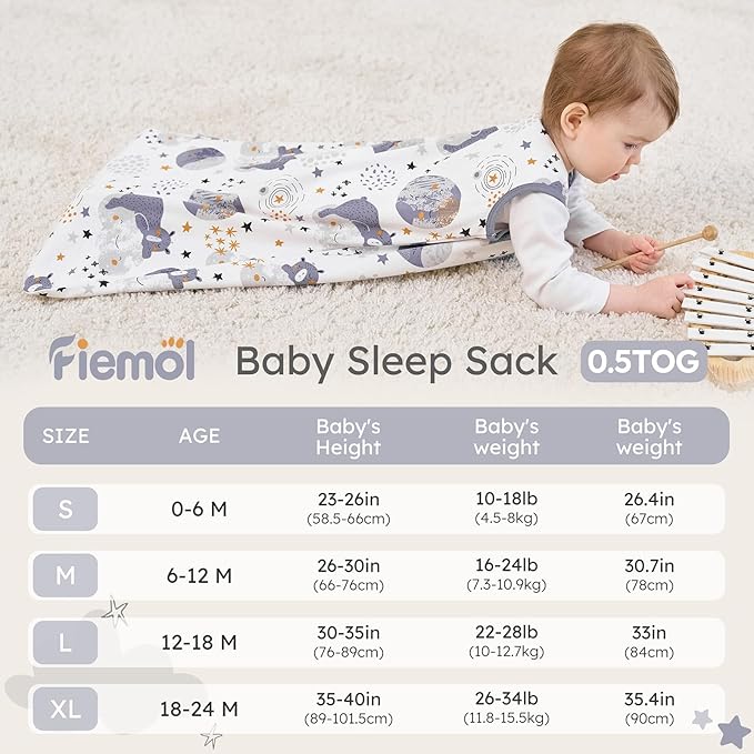 Baby Sleep Sack 18-24 months, 100% Cotton Sleeping Sack for Newborn and Infant, 3 Pack Baby Wearable Blanket for Boy and Girl, 0.5 Tog Lightweight Double Zipper Sleep Bag Grey Moon Bear