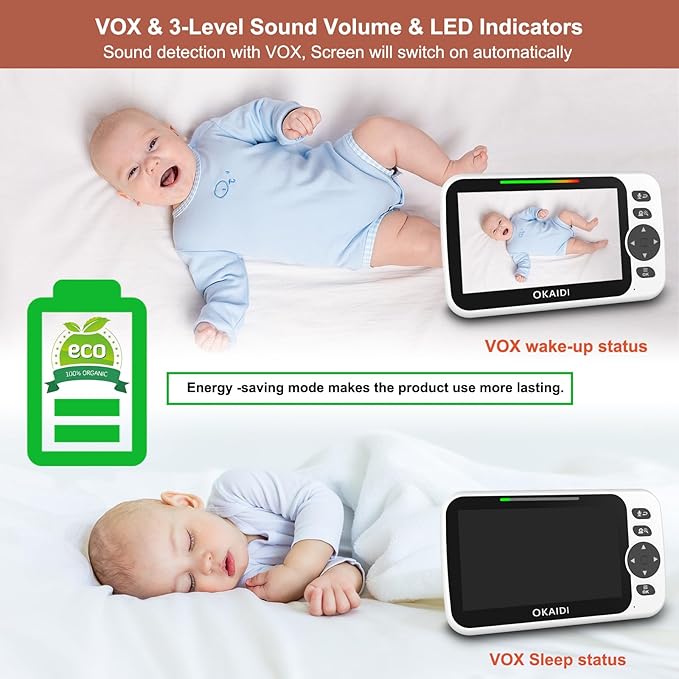 OKAIDI Video Baby Monitor with 4 Cameras, 5" Display Baby Monitor No WiFi, 30H Battery and 1000ft Range, 2-Way Talk, 8 Lullabies, Remote Pan-Tilt-Zoom Baby Camera for Baby Pet Elderly