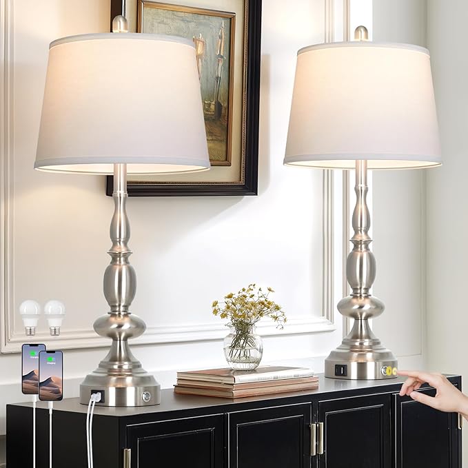 29" Tall Modern Table Lamps Set of 2, 3-Way Dimmable Touch Living Room Lamp with USB A+C Charging Port, Brushed Nickel Metal Farmhouse Bedside lamp for Bedroom Nightstand Side Table Desk Office Silver