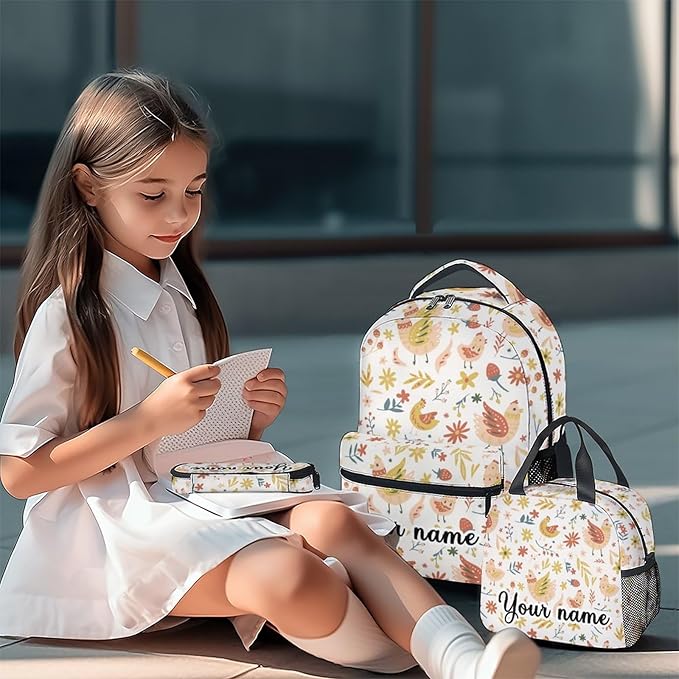 COOPASIA Personalized Chicken Backpack with Lunch Box and Pencil Case, 16 Inch Chicken Theme Bookbag with Adjustable Straps, Lightweight, Durable, Large Capacity, School Backpack for Girls Women