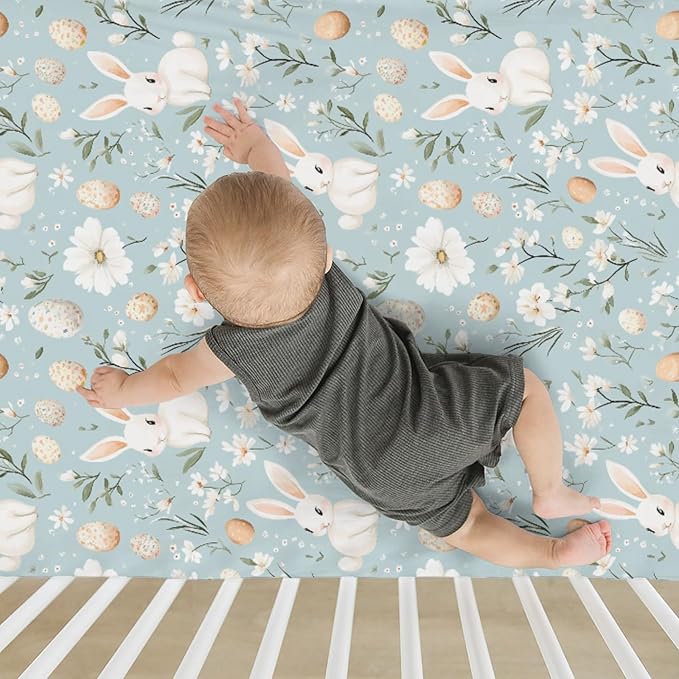 Blue Spring Bunnies Daisy Floral Baby Crib Sheets for Boy Girl 52x28 Cute Rabbits Eggs Flowers Soft Snug Fitted Crib Mattress Covers Spring Garden Baby Sheet for Standard Crib & Toddler Bed Mattress