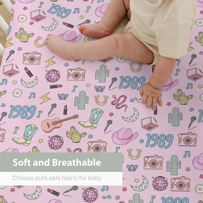 Cute Music Star Era Western Baby Crib Sheets for Boy Girl 52"x28" Desert Country Cactus Moon Soft Stretchy Fitted Crib Mattress Covers 90s Cowgirl Disco Baby Sheet for Crib and Toddler Bed Mattress