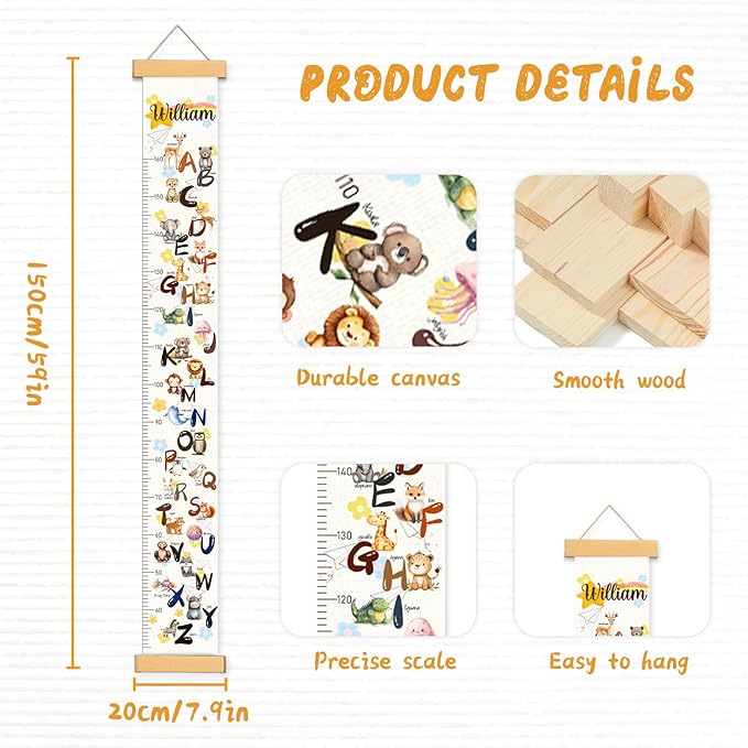 Woodemon Personalized Name Baby Height Growth Chart, Letters Canvas Height Chart for Kids Baby Toddler Boys Girls, Canvas&Wood Growth Chart for Wall Room Nursery Decor, Hanging Rulers