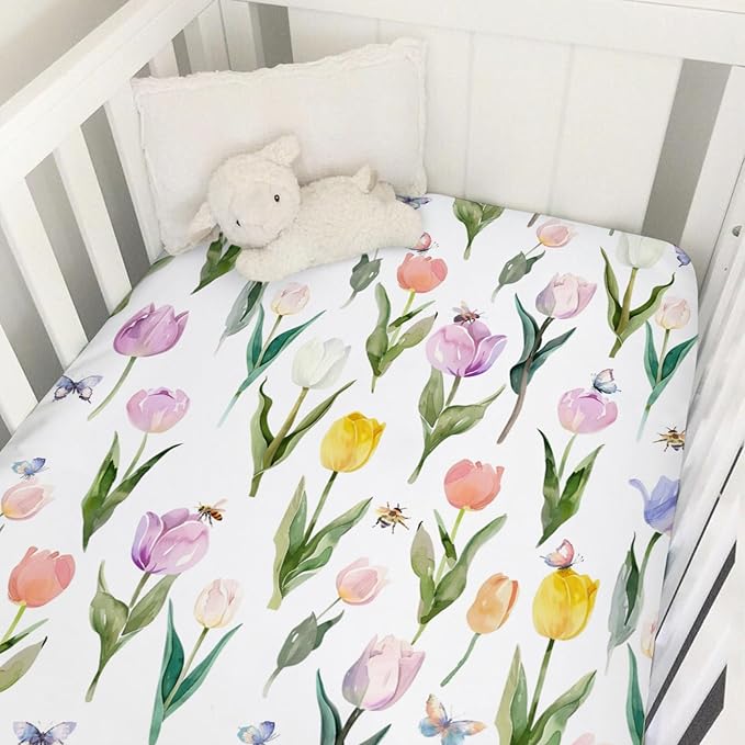 Watercolor Tulips Bees Butterflies Baby Crib Mattress Sheet 52''x28'' Boho Spring Floral Stretchy Fitted Crib Mattress Sheet for Boy Girl Wild Flower Soft Bed Sheet for Standard Crib Toddler Mattress