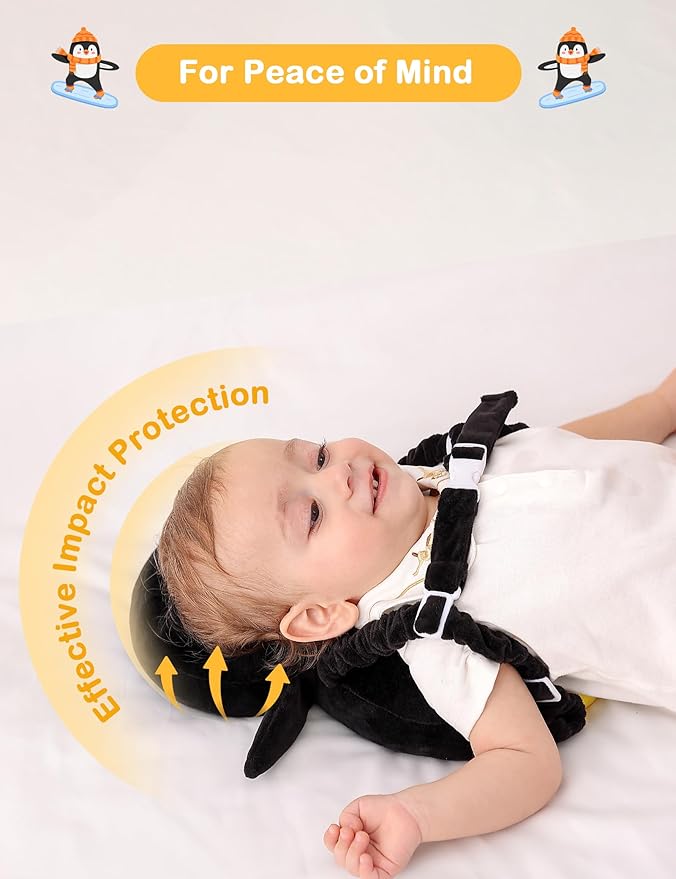 JunNeng Baby Head Protector Backpack, Toddler Walking Fall Head Protection, White Black Penguin