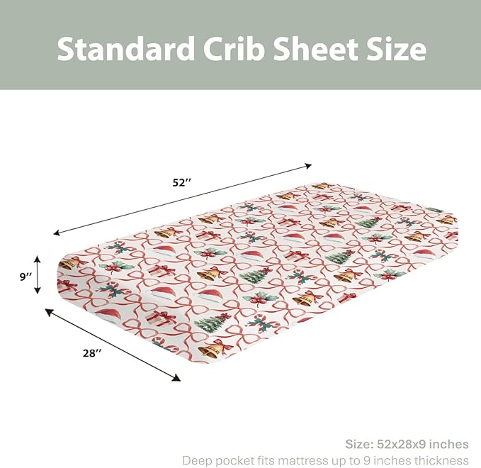 Red and Green Christmas Stripe Baby Crib Sheets for Boy Girl 52"x28" Santa Hat Fir Trees Gift Bows Soft Snug Fitted Crib Mattress Cover Winter Holiday Baby Sheet for Standard Crib & Toddler Mattress
