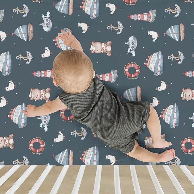 Sailor Bear Watercolor Baby Crib Sheets for Boy Girl 52x28Inch Bear Lighthouse Anchors Boats Soft Snug Fitted Crib Mattress Cover Coastal Nautical Life Baby Sheet for Standard Crib & Toddler Mattress