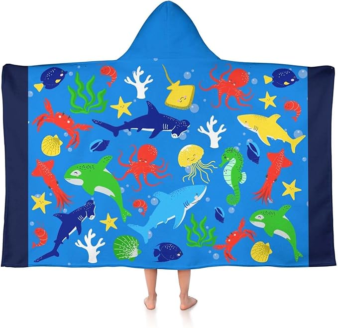 Thickened Hooded Towels for Kids Suitable Girls Boys Kids Bath Towels, 30"x50" Super Absorbent, Shark Cute Cartoon Toddler Towels Multi-Purpose for Beach, Pool and Bathroom