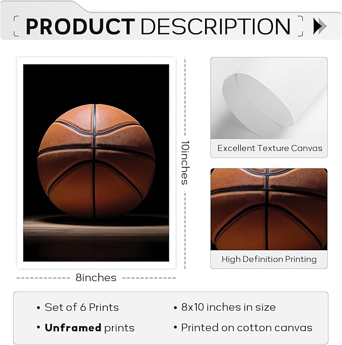 Basketball Wall Art Sports Canvas Poster Boys Room Wall Decor Inspirational Basketball Prints Motivational Quote Pictures Teen Sports Painting Black White Artwork for Kids Bedroom 8x10 Inch Unframed