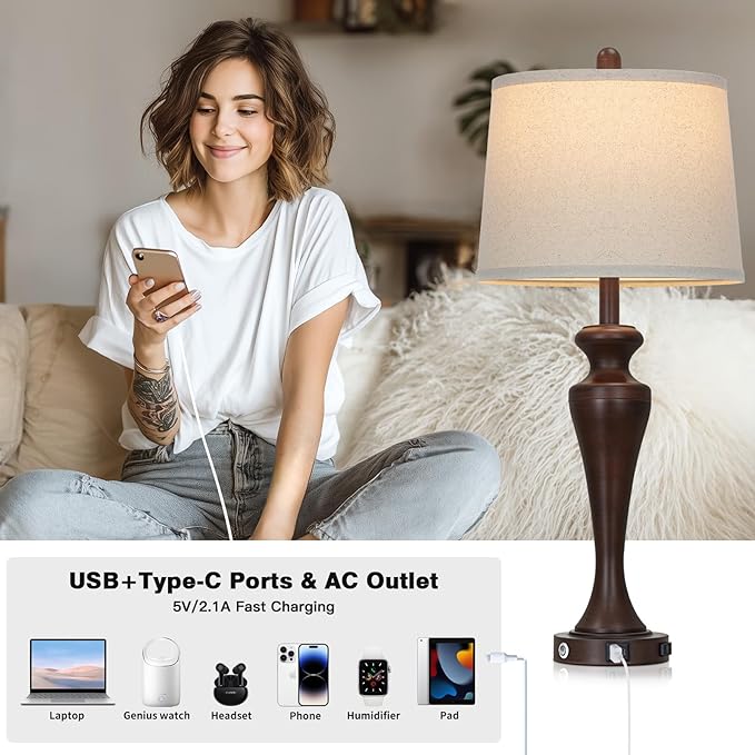 luxeflow 30" Brown Touch Table Lamps Set of 2, 3-Way Bedside Lamp with USB A+C Ports and AC Outlet, Tall Living Room Lamps for End Table, Modern Metal Bedroom Lamp for Night Stand