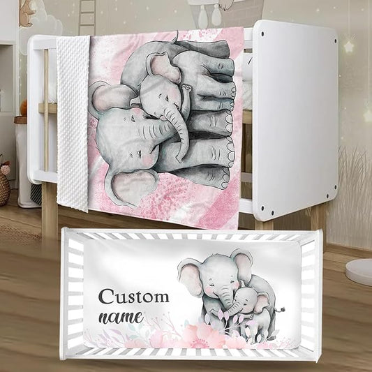 Personalized Crib Bedding Set for Boys Girls, Custom Baby Crib Sets with Name, Pink Elephant Design Nursery Bedding 2 Piece - Soft Blanket with Double Layer Dotted Backing, Crib Fitted Sheet