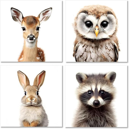 GLOKAKA Nursery Decor Animals Print Painting Kids Canvas Wall Art Baby Room Funny Decor Poster Kids Bedroom and Playroom Decoration,Gallery Wrapped,4 Panels
