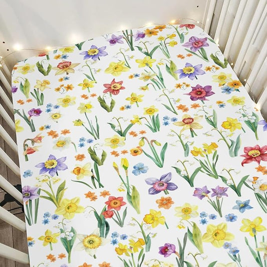 Watercolor Daffodils Flowers Baby Crib Sheets for Boy Girl 28"x52" Colorful Spring Bloom Soft Stretchy Fitted Crib Mattress Covers Garden Floral Summer Baby Sheet for Crib and Toddler Bed Mattresses