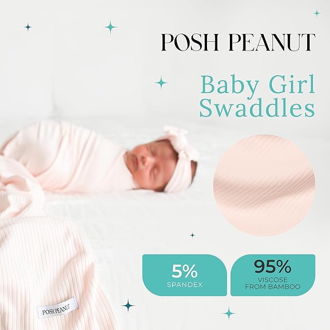 Posh Peanut Swaddle Blanket & Headband Set – Viscose from Bamboo Stretchy Baby Swaddle for Newborn Girls, Receiving Blanket or Nursing Cover (Sandy Blush)