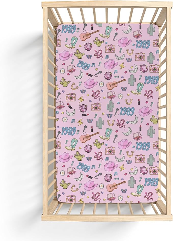 Cute Music Star Era Western Baby Crib Sheets for Boy Girl 52"x28" Desert Country Cactus Moon Soft Stretchy Fitted Crib Mattress Covers 90s Cowgirl Disco Baby Sheet for Crib and Toddler Bed Mattress