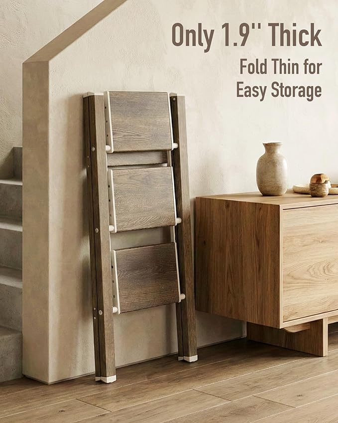 Mayi Plus 3 Step Ladder,Aluminum Folding Step Stool for Adults,Step Ladder with Wide Anti-Slip Pedal,330 lbs Capacity for Home,Kitchen,Library,Office(Cherry Woodgrain)