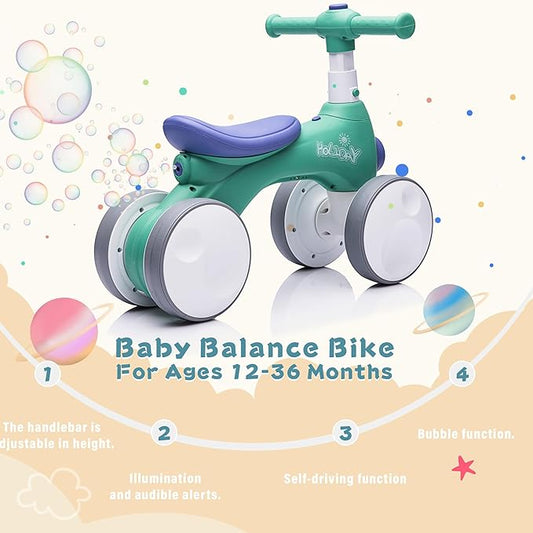 Baby Balance Bike 1 Year Old with Music, Lights, Bubble Machine, 4 Wheels Pedal-Less Toddler Ride on Toys for 12-36 Months Birthday Gift, Toddler boy Toys Ride on car （Dark Green&Blue）