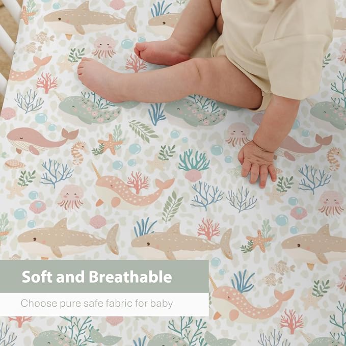 Girly Whale Baby Crib Sheets for Boy Girl 28"x52" Narwhal Shark Jellyfish Corals Soft Stretchy Fitted Crib Mattress Cover Boho Sea Ocean Animals Leopard Baby Sheet for Crib & Toddler Bed Mattresses
