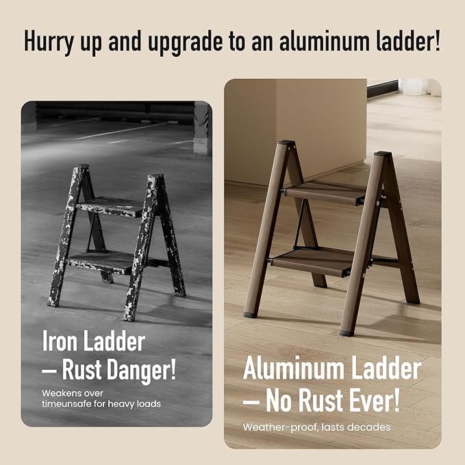 Mayi Plus 2 Step Ladder,Aluminum Folding Step Stool for Adults,Step Ladder with Wide Anti-Slip Pedal,330 lbs Capacity for Home,Office,Kitchen,Library(Walnut)