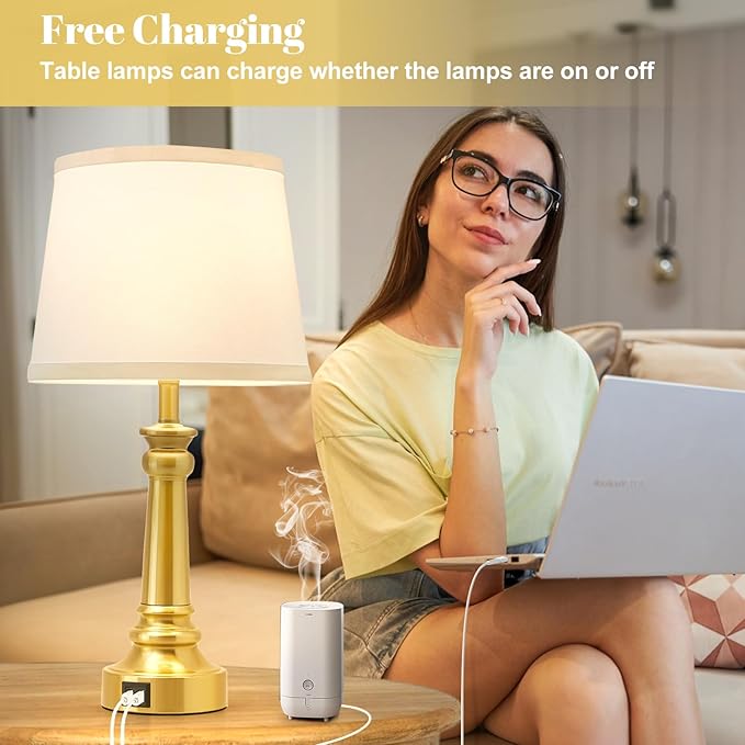 EJIAXIN Touch Lamps for Nightstand Set of 2 - Gold Table Lamp for Bedroom Dimmable Bedside Lamps with USB C+A Ports - Lamps for Night Stands Living Room End Table,2 LED Bulbs Included