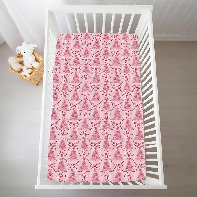 Preppy Pink Trees Bows Christmas Baby Crib Sheets for Girls Pink Christmas Trees Ribbon Soft Snug Fitted Crib Mattress Covers for 52''x28'' Standard Crib & Toddler Mattress Holiday Winter Baby Sheets