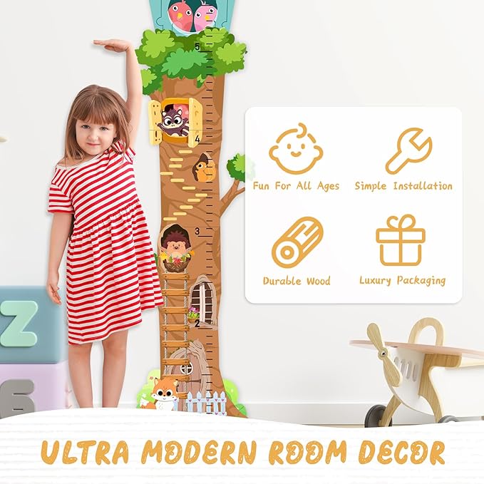 Personalized Name Growth Chart for Wall - Tree House Animals Kids Height Ruler, Wooden Growth Chart for Kids, Meaningful Memories Through Kid Size Chart Measurement